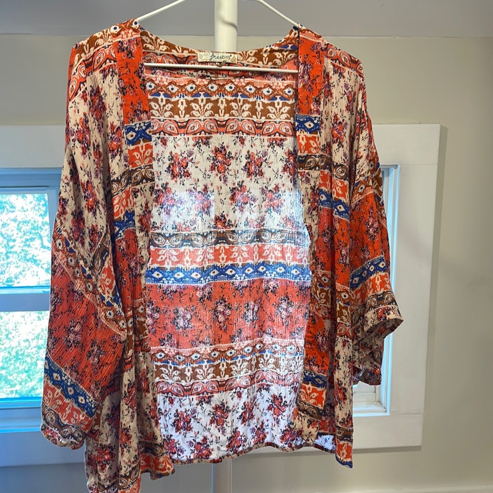 Freebird by Steven Orange, Blue & White Floral Kimono Top